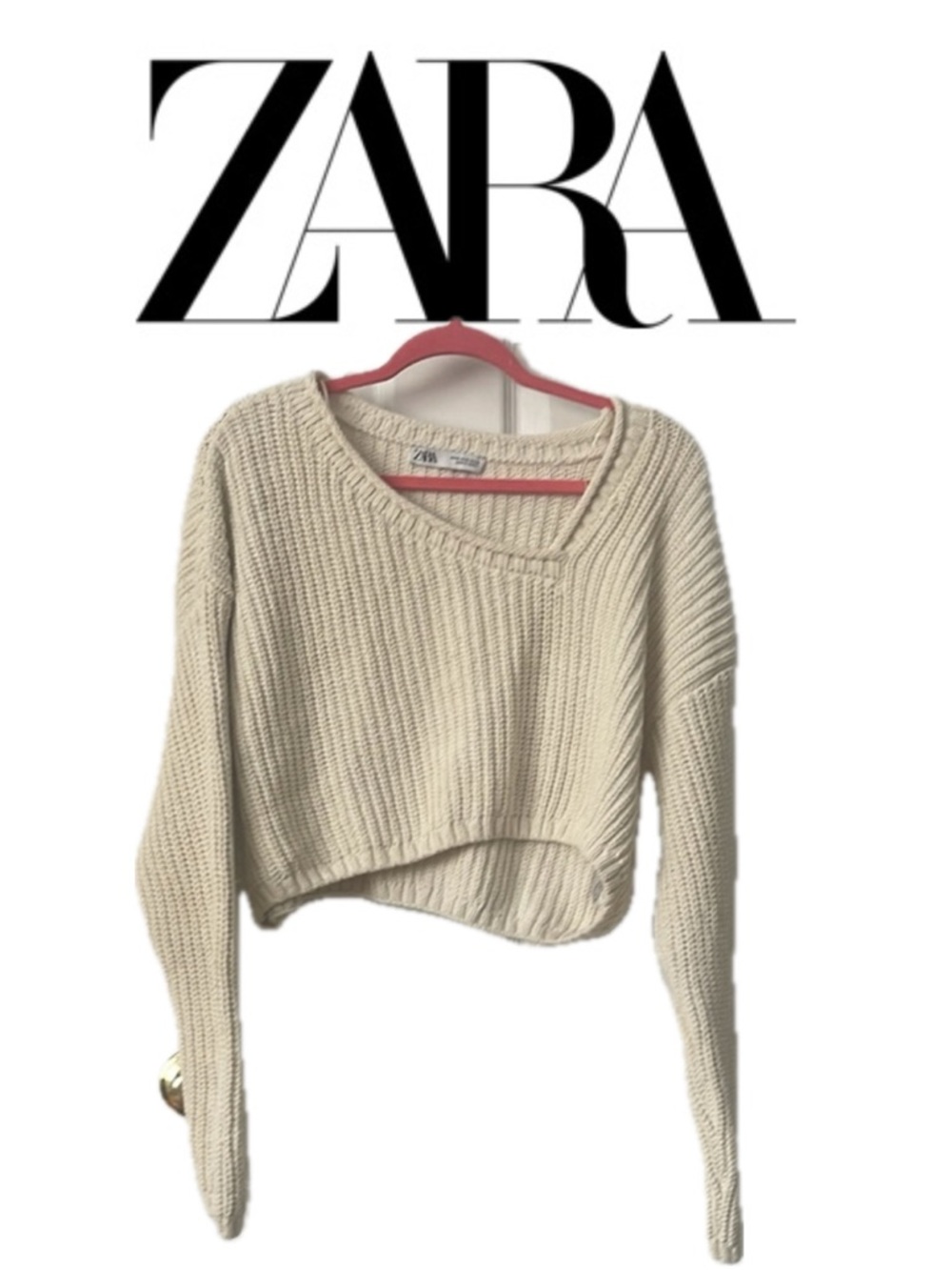 Zara Cream Asymmetrical V-Neck Crop Sweater Ribbed Knit